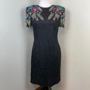 Vintage 80s Scala Black Fully Beaded Floral Silk Sheath Cocktail Dress Size 6